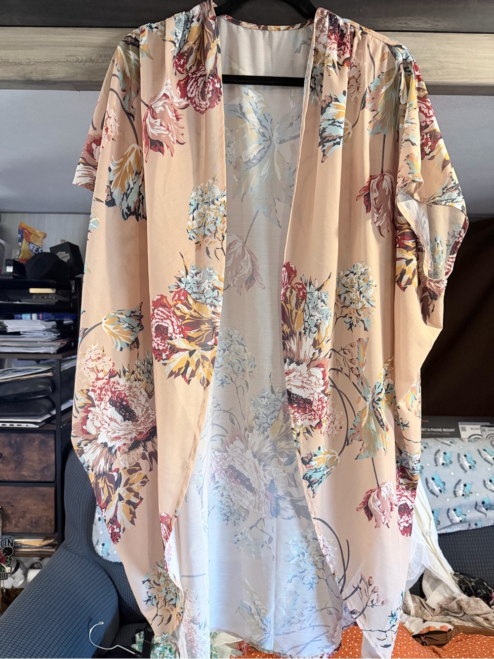 Floral Open-Front Kimono Cardigan - Beige Floral